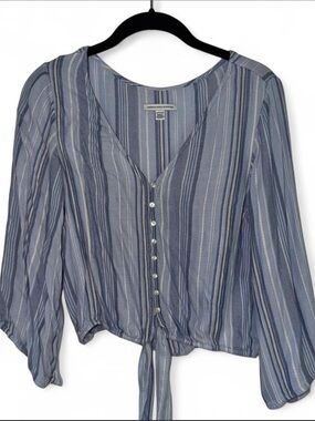 American Eagle Outfitters Blue Striped Tie-Front Blouse